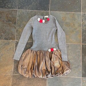 Gray and Gold Long Sleeve knit top with bubble Dress with Floral Accents